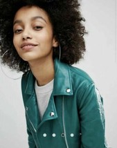 Slim Windproof Coat Leather Casual Womens Long Sleeve Solid Jacket Green Zipper - £85.57 GBP