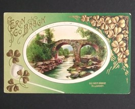 St Patricks Day Erin Go Bragh Clovers Pipe Bridge Gold Embossed Postcard c1910s - £6.33 GBP