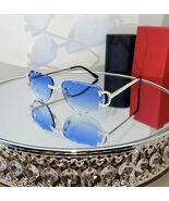 Luxury Rimless Round Cut Sunglasses Blue Lens Gold Frame with High-Quality - $77.60