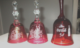 Vintage Ruby Red Disney Crystal Glass Bells (2) and 1 Coca Cola Glass Bell - £17.76 GBP