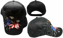 USA Flag Patriotic Eagle Shadow Adjustable Embroidered Black Cap Hat (KYS) - £19.69 GBP