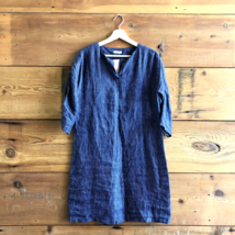 S - Fog Linen Navy Pinstripe V-Neck 3/4 Sleeve 100% Linen Dress 0501AJ - £50.32 GBP