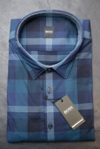 HUGO BOSS Uomo Ronni Blu Quadri Cotone Business Camicia Casual Grande &amp; Alto 3XL - £46.50 GBP