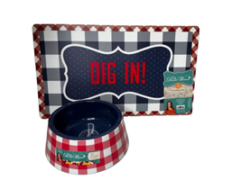 Pioneer Woman Dig In Checkered Set(1) Large Pet Bowls (1)Feeding Mat Dog Cat - £21.30 GBP