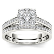 S925 Sterling Silver 0.60Ct TDW Diamond Square Halo Bridal Ring With 1 Band - £346.23 GBP