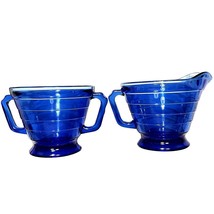 Set of Hazel Atlas Cobalt Blue Moderntone Creamer &amp; Sugar Bowl Depression Glass - £21.54 GBP