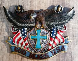 Patriotic Flags Bald Eagle On Cross Crest God Bless USA Wall Plaque Scul... - €29,38 EUR