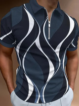 3D Stripe Print Mens Casual Short Sleeve Shirt with Zipper - Fashionable Street - £16.79 GBP
