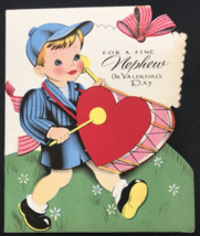 1940&#39;s Die Cut For A Fine Nephew on Valentine&#39;s Day Card Drummer Boy 5&quot; x 6&quot; - £9.72 GBP