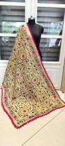 Women Dupatta chanderi wool thread embroidery Raw Silk Pompom India Chunni PP7 - £25.68 GBP