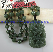 Free Shipping - Amulet Green jadeite jade Carved Dragon beaded jade necklace - £23.96 GBP