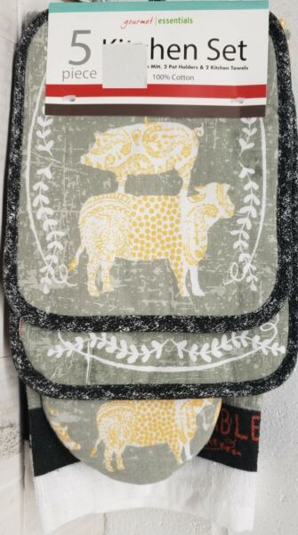 5Pc Kitchen Set: 2 Pot Holders 2 Towels 1 Oven Mitt Animals Farm To Table #1 Ge  - £23.57 GBP