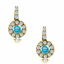 14K Yellow Gold Plated Silver DECEMEBR Birthstone Halo Drop Lever Back Earrings - £48.22 GBP