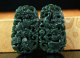 Free Shipping - green jade Hand- carved Natural green dragon and Phoenix  jade c - £15.98 GBP