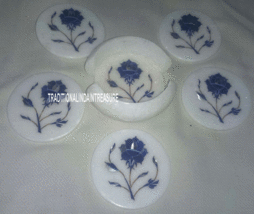 Marble White Tea Coasters Set Lapis Lazuli Stone Design Inlay Floral Decor Gift - £97.93 GBP