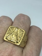 Vintage Gratis Freimaurer Ring Goldener Edelstahl Größe 12 - £28.72 GBP