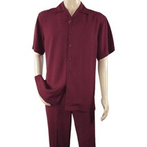 Men INSERCH 2pc Walking Leisure Suit Shirt Pants Set Short Sleeves 9356 Burgundy image 3