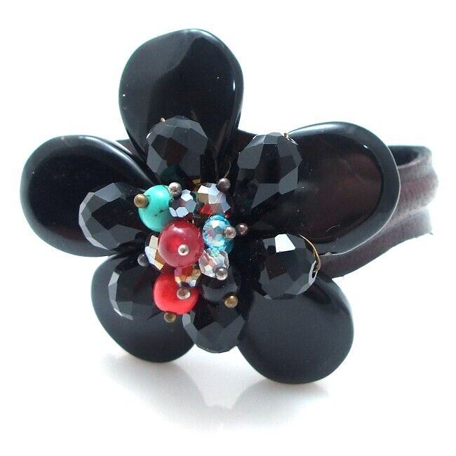 Trendy Floral Fashion Black Agate Leather Band Cuff-6 - £10.67 GBP