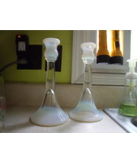  Carnival Glass Trumpet Style Irridescent Blue Candlesticks - $3,173.27 MXN