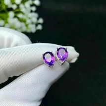 2Ct Pear Cut Simulated Amethyst Halo Drop Stud Earrings 14K White Gold Plated - £26.29 GBP