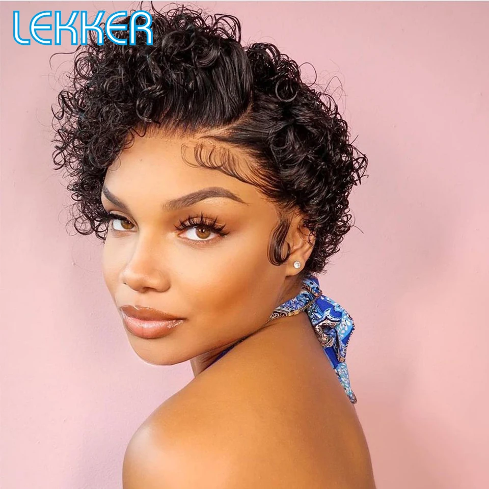 Lekker Short Pixie Afro Kinky Curly Bob 13x1 T Part Lace Front Human Hair W - £31.42 GBP