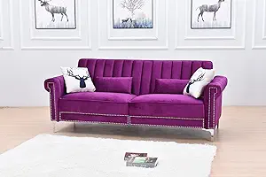 82.7&quot; Convertible Modern Wood &amp; Velvet Fabric Sofa Bed In Purple - $1,147.99