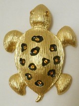 Sea Turtle 3D Figural Statement Brooch Pin Textured Gold Tone Topaz Rhinestones - £39.50 GBP