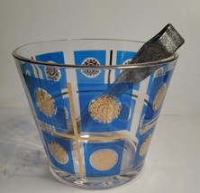 MCM Cocktail Ice Bucket Royal Blue &amp; Gold Blocks with Tongs - £27.45 GBP