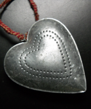 Heart Shaped Christmas Ornament Handmade Tin Look Frayed Fabric Hanger - £6.33 GBP