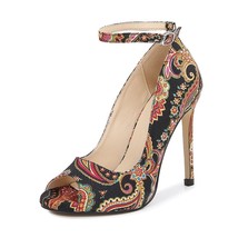 Chinese Element Embroidery Cloth Peep Toe Women High Heels Pumps Fashion Retro S - £40.70 GBP