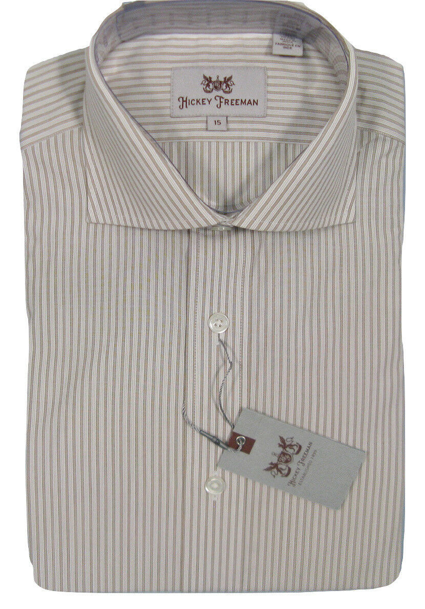 NEW $145 Hickey Freeman Dress Shirt! 16.5 35  *White Tan &amp; Taupe Stripes* - $64.99