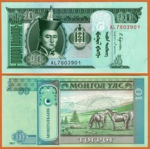 MONGOLIA 2017 UNC 10 Tögrög Tugrik Banknote P- 62i Sukhe Bataar. Horses - $1.00