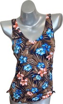 Lands End V Neck Tankini Swimsuit Top 2 Deep Sea Blue Brown Tropical Floral NEW - $33.66