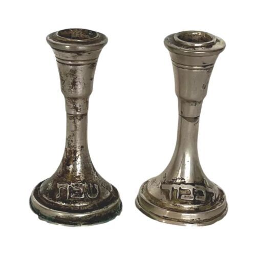 Primary image for Antique Judaica Pair of Sterling Silver Candle Stick Holder Weighted Candlestick