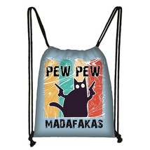 Funny  Cat Drawstring Bag Pew Pew Madafakas Backpack Teenager Boys Girls Daypack - £92.67 GBP