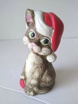 Vtg Cat Bell Porcelain Jasco 1979 Christmas with Santa Claus Hat. BROWN. - £7.82 GBP