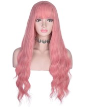 Long Wavy Pink Wig with Bangs - £31.74 GBP