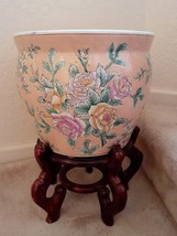 VTG Chinese Asian Porcelain Bowl Pot Floral w Koi Pond Interior Signed w Base - £294.88 GBP