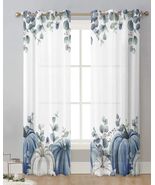 Thanksgiving Pumpkins Eucalyptus Sheer Curtains 84in 2 Panels Blue White - €10,71 EUR