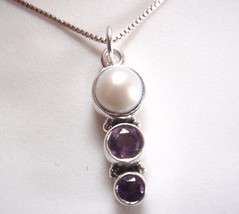 Small Faceted Amethyst Cultured Pearl Triple Gem 925 Sterling Silver Pendant - £7.87 GBP