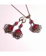 Victorian ruby red bronze jewelry set boho jewelry set earrings necklace... - $52.00
