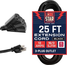 Lone Star 3 Outlet Outdoor Extension Cord 25 ft 16 3 Weatherproof 25 Bla... - $46.65