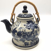 Chinese Stoneware Teapot Blue and White Bamboo Handle Decorative Traditional - £23.88 GBP