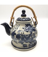 Chinese Stoneware Teapot Blue and White Bamboo Handle Decorative Traditi... - £23.67 GBP