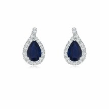 Blue Sapphire Stud Earrings with Diamond in 14K Gold (A, 6x4MM) - £692.06 GBP