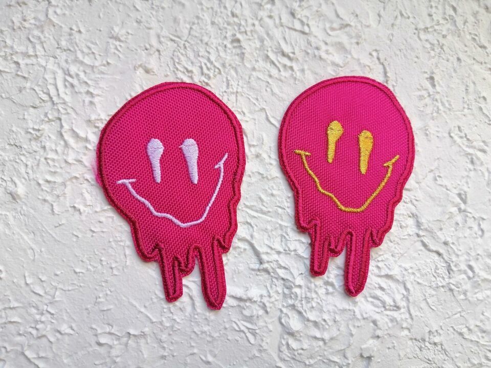 Primary image for Embroidered Iron on Patch. Melting Hot Pink Smiley Face Patch. Preppy Patch.