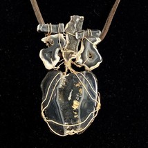 Large Agate Wrapped 4” Pendant Necklace Leather Gold Filled Wire Brutalist Style - £503.55 GBP