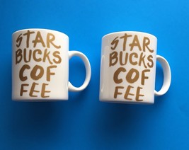 &quot;Set of 2&quot; STARBUCKS Coffee 2015 Gold &amp; White Mug 12 Oz. Spell Out Text Graffiti - £26.15 GBP