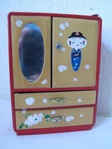 Vintage Japan Wood Toy Wardrobe w Drawers Painted Kokeshi Doll Flower Mirror Red - £35.98 GBP