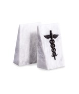 Bey Berk White Marble Bookends with Antique Silver Plated &quot;Medical&quot; Emblem - £89.96 GBP